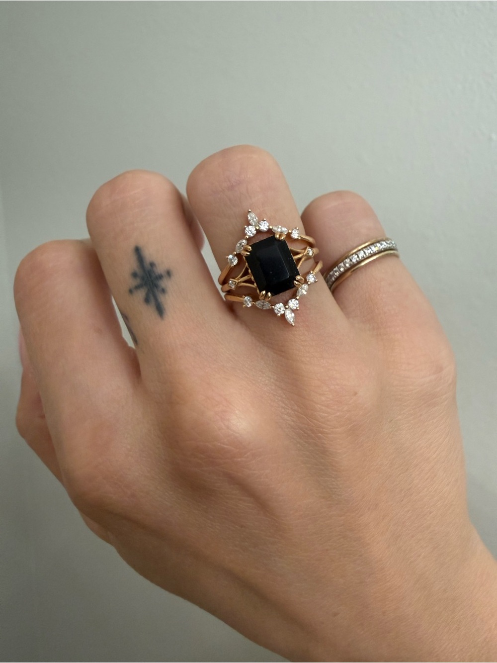 18K Rose Gold Emerald-Cut Black Onyx & Moissanite Bridal Ring Set - Size 6.25